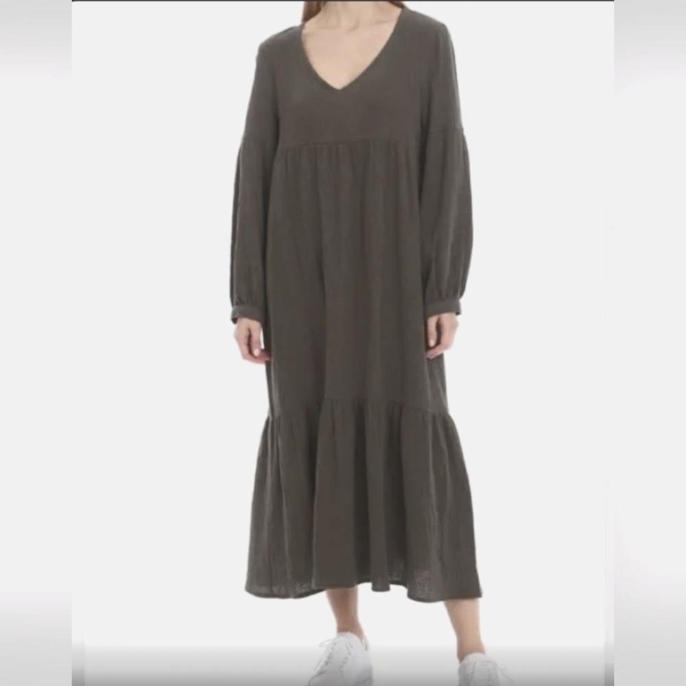 Designer 7 For All Mankind Olive Green Oversized Cotton Midi Dress Womens Small